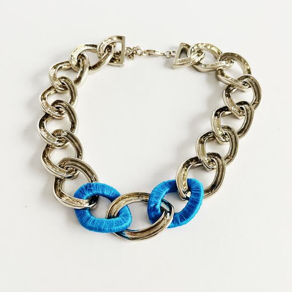 [Gold & Blue] Chunky Chain Link Necklace Rhinestone Crystal Accents - Picture 2 of 5
